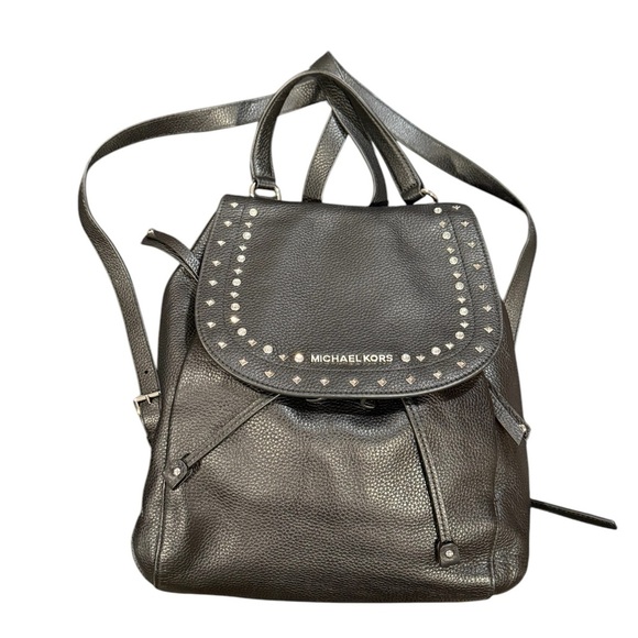 NWOT Michael Kors Riley Studded Black Pebbled Leather Drawstring Backpack Bag - Picture 2 of 13